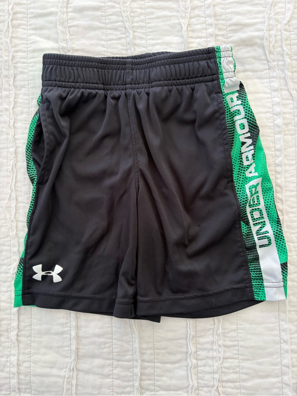 Under Armour Black Athletic Shorts with Green and White Side Panels